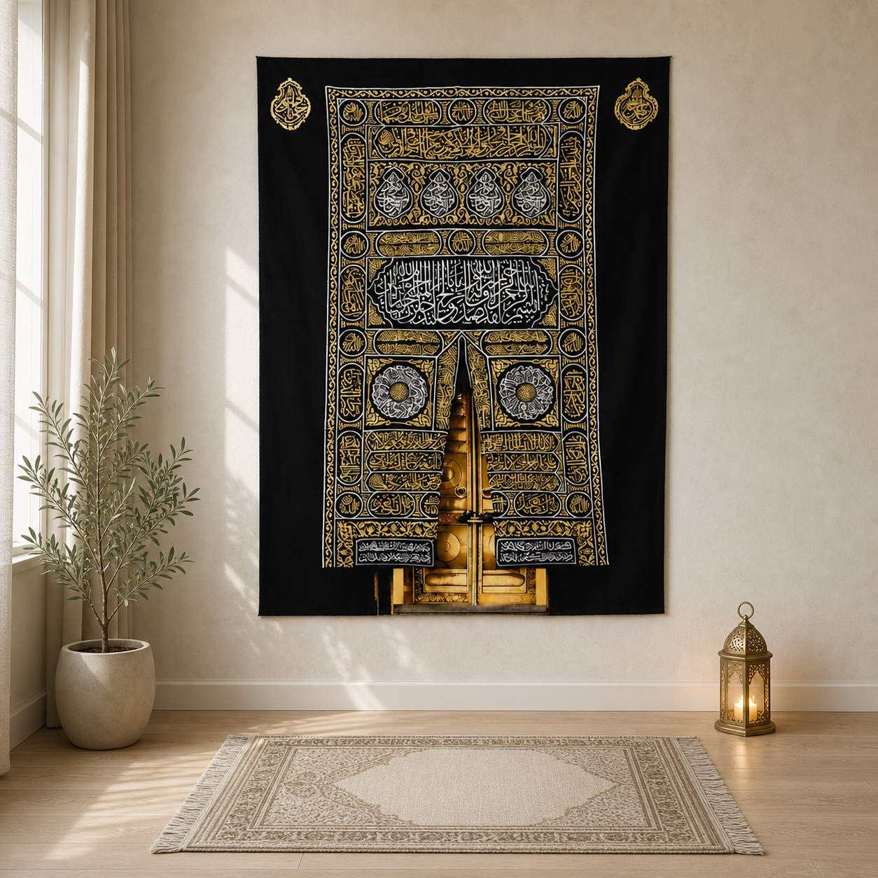 Kaaba door inspired Islamic wall hanging in a peaceful prayer room