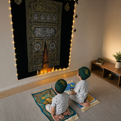 Children praying beside a black and gold Kaaba inspired wall hanging