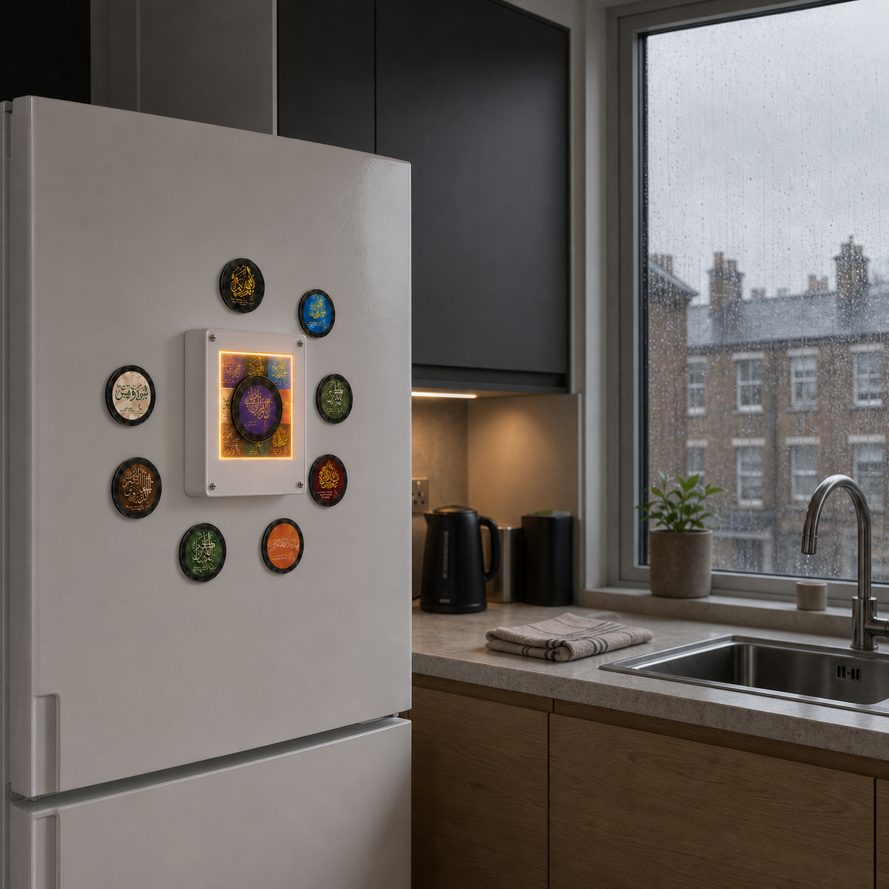Quran Audio Magnet displayed on a kitchen refrigerator