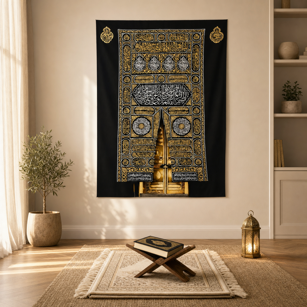 Kaaba door wall tapestry displayed in an elegant home prayer corner