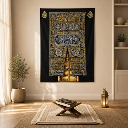 Kaaba door wall tapestry displayed in an elegant home prayer corner