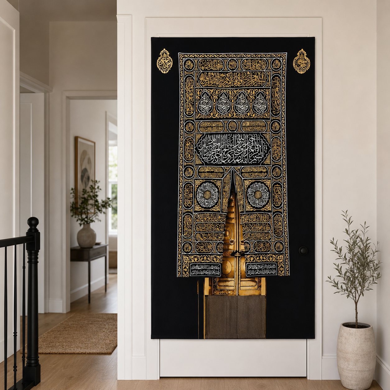 Kaaba inspired Islamic wall hanging displayed on an interior door