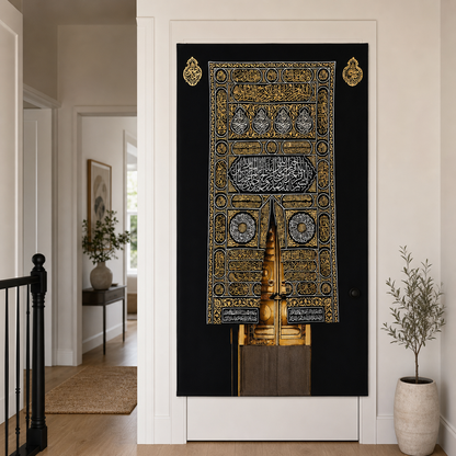 Kaaba inspired Islamic wall hanging displayed on an interior door