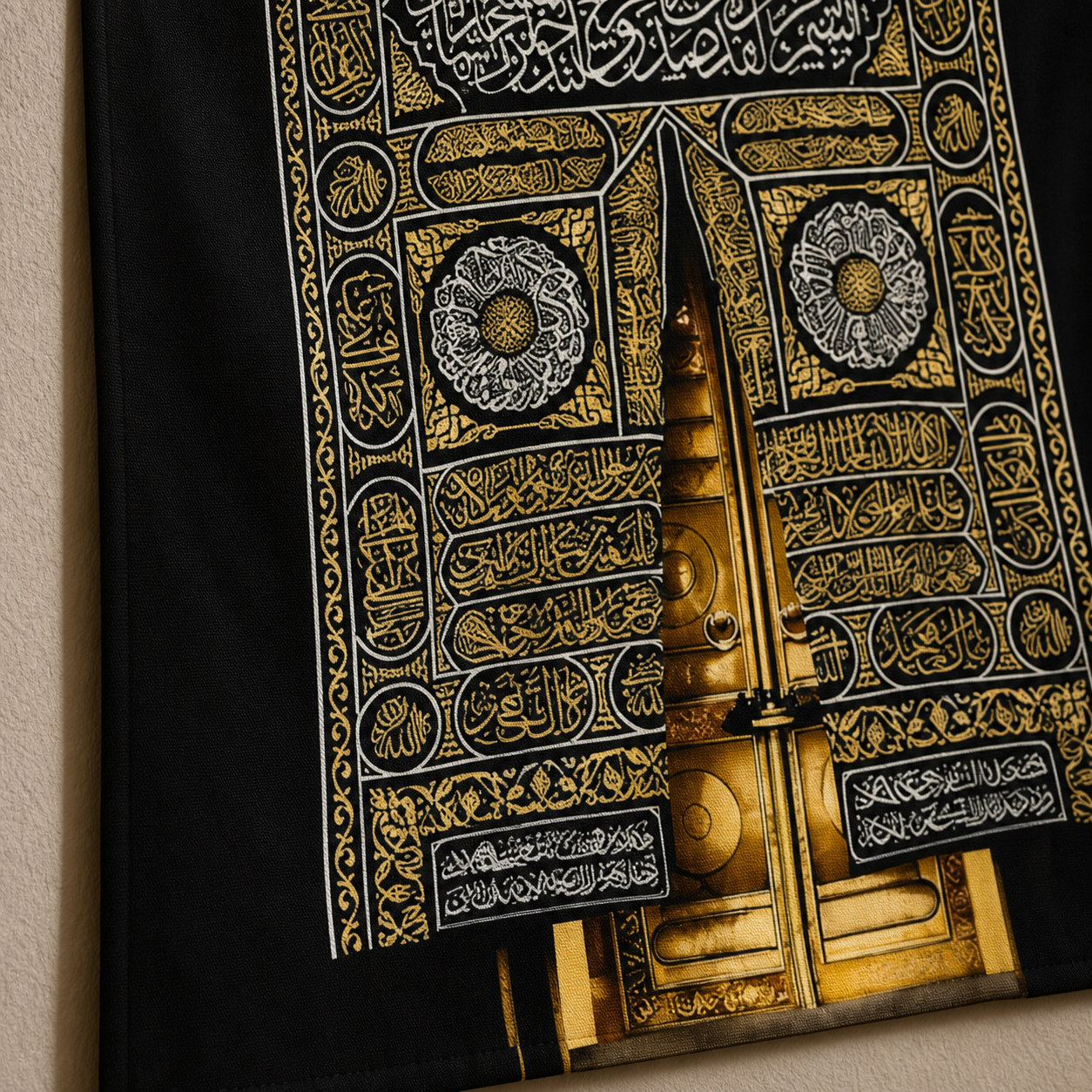 Close-up of black and gold Arabic calligraphy on the Islamic wall hanging