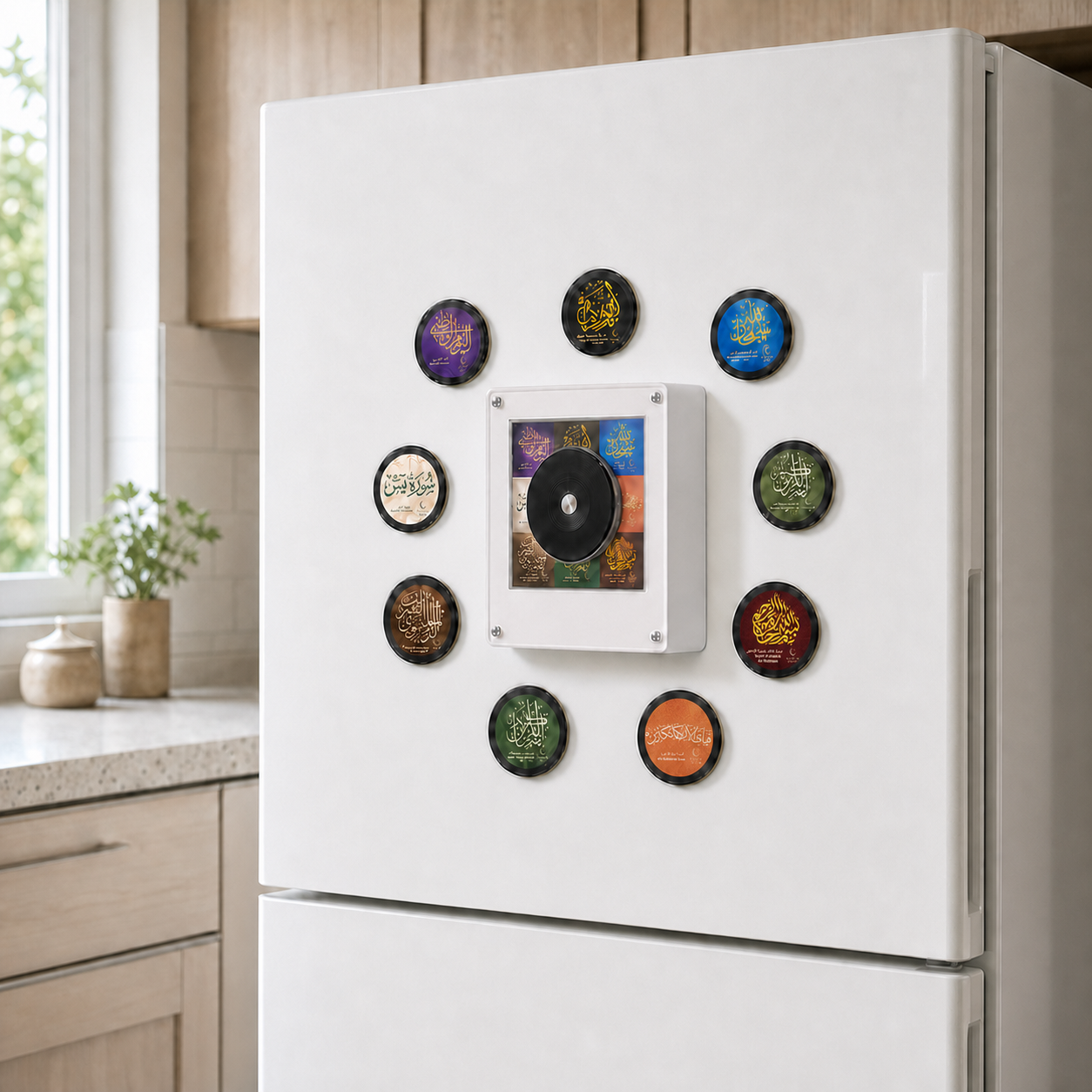 Quran Audio Magnet displayed on a kitchen refrigerator