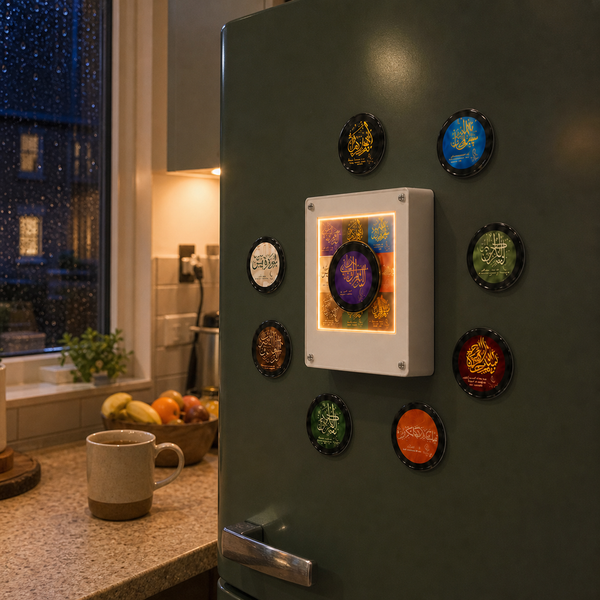 Illuminated Quran Audio Magnet in an evening kitchen
