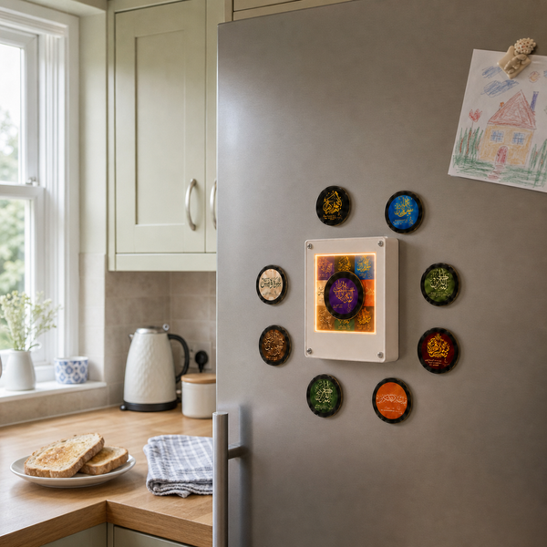 Quran Audio Magnet displayed in a family kitchen